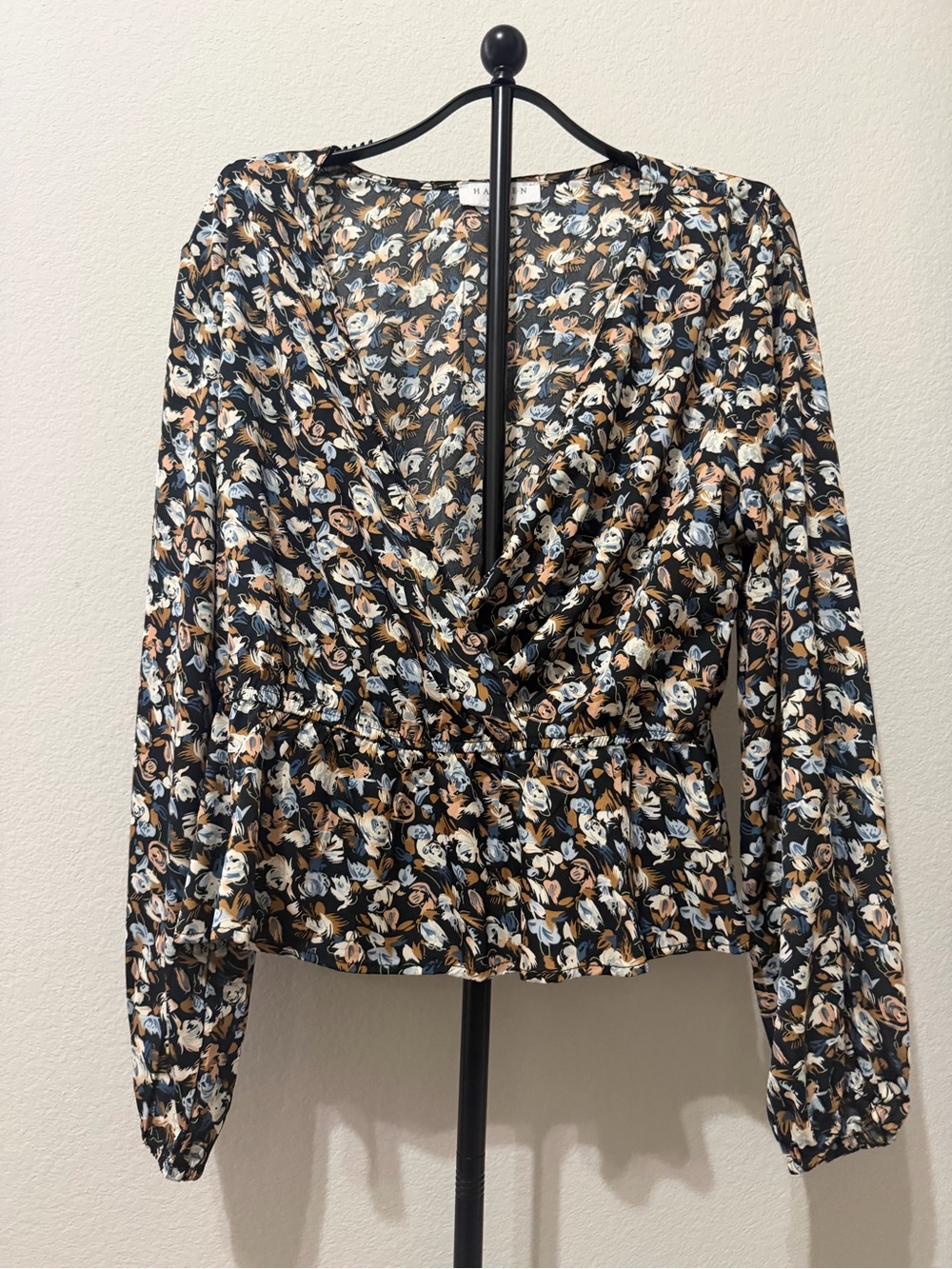 Floral Wrap Blouse in Black, Cream & Tan